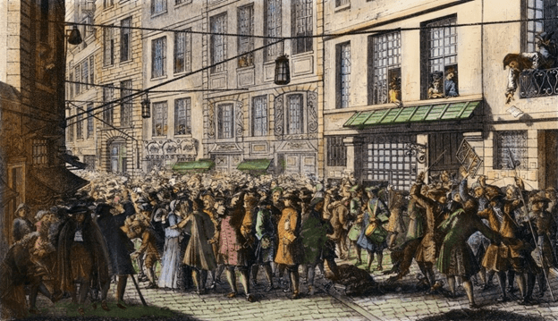 The scene on rue Quincampoix outside the Banque Royale in Paris