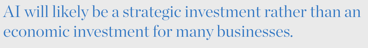 AI will likely be a strategic investment rather than an economic investment for many businesses.
