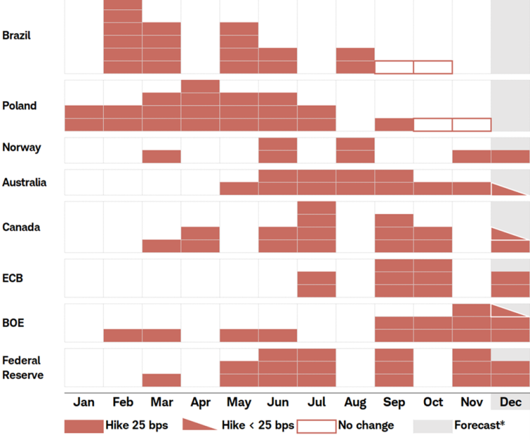 Bar chart showing level of rate hikes for Brazil, Poland, Norway, Australia, Canada, ECB, BOE, and Federal Reserve by month for 2022.