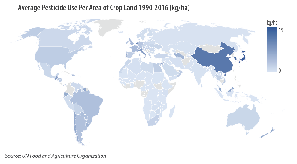 Average Pesticide Use Per Area of Crop Land 1990-2016 (kg/ha) Average Pesticide Use Per Area of Crop Land 1990-2016 (kg/ha)