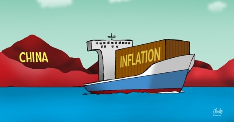 Illustration of containership with cargo labeled INFLATION sailing away from land mass labeled CHINA.